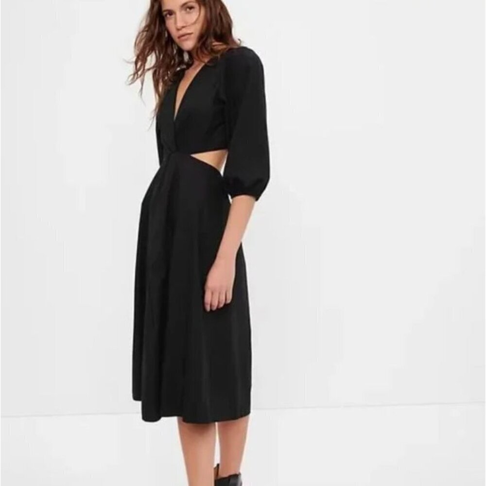 Gap Puff Sleeve Cut Out Midi Dress Long Sleeve Black Size M Tall - Picture 1 of 8